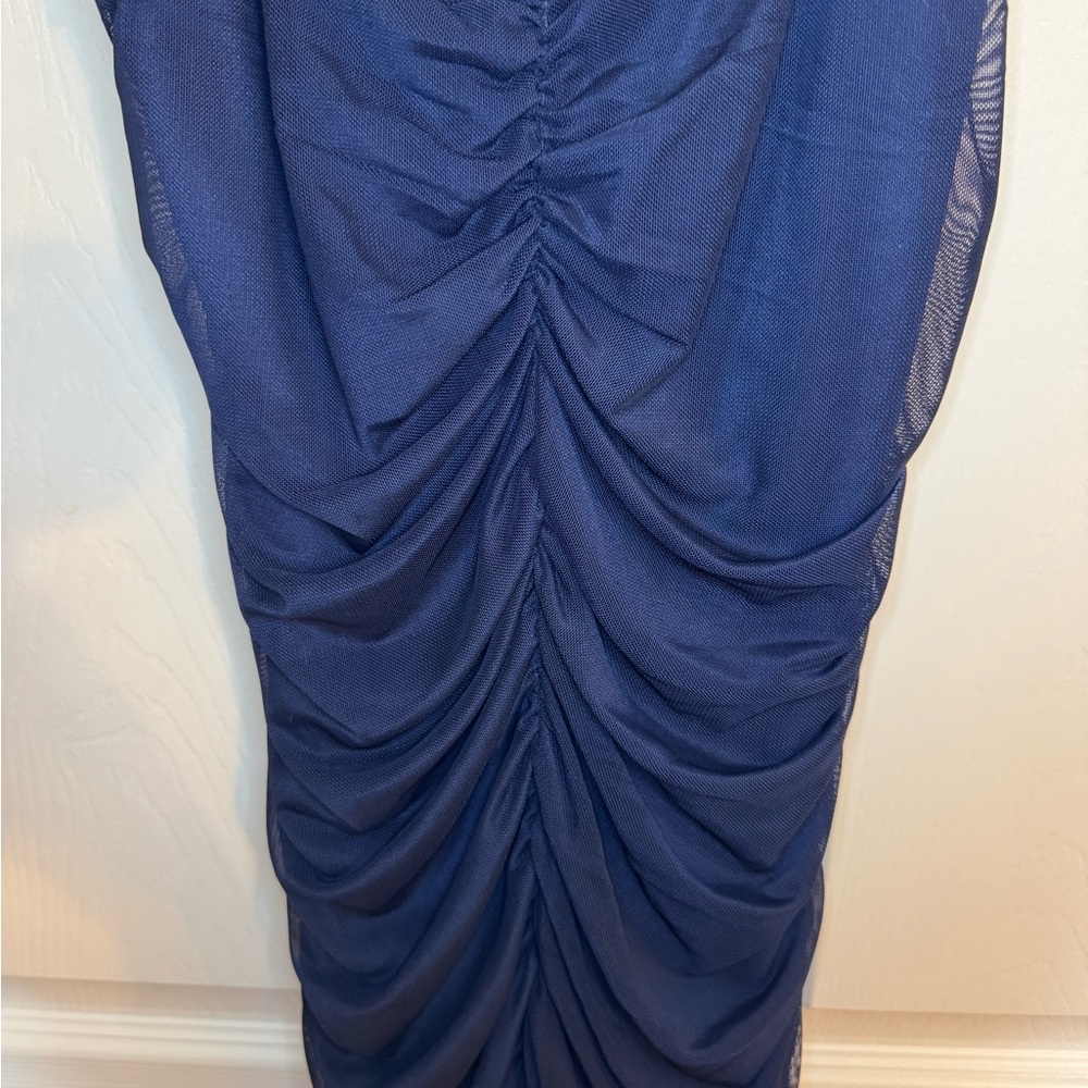 Navy Mesh Ruched Dress - Picture 3 of 6